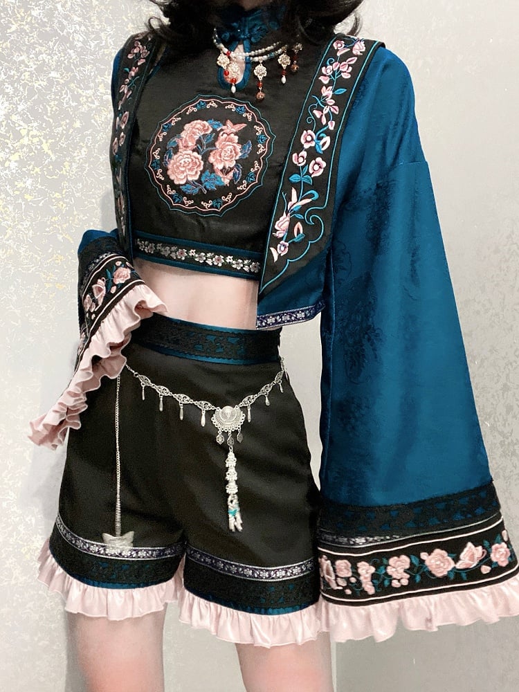 with Embroidery Floral Cheongsam Button Cropped Top Frog Sleeveless Collar and Cutout