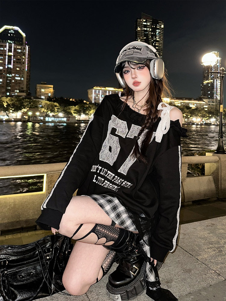 Black One-Shoulder Sweatshirt with Lace Applique and Embroidered Details