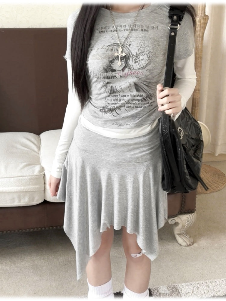Top/Asymmetrical Girl Print Faux Hem Skirt Grey Cartoon Two-pieces Hooded