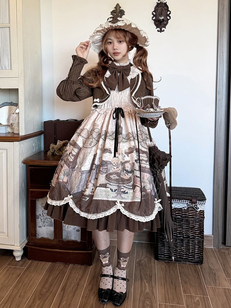 Fake Pieces Design Kaffee Cremig Lolita Haus Print Kleid Ärmel Lange Teddy Zwei