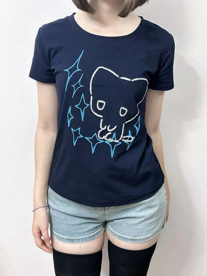 ラウンドスターブルーネックキャットTシャツダークケイジライプリントと