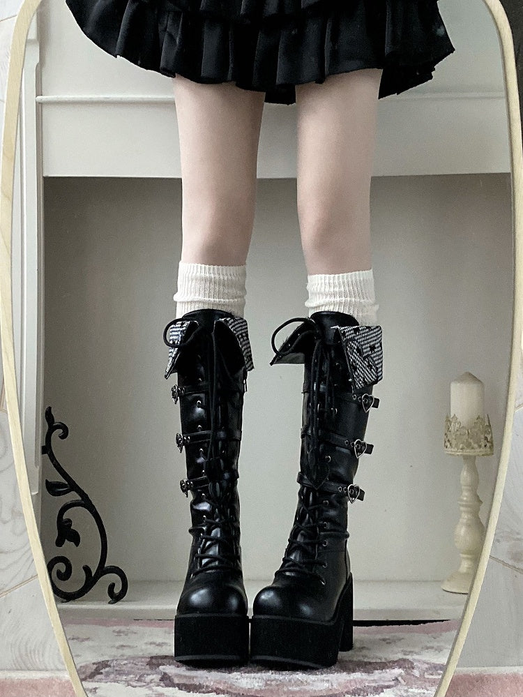 Heel Fold-over Cuff Block Black Platform Boots
