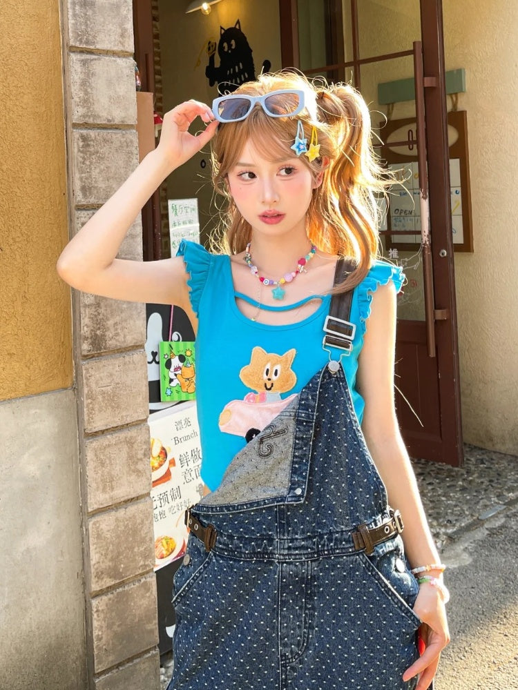 Free Kitty Applique Flatterärmel Top Blau Süße Halskette mit