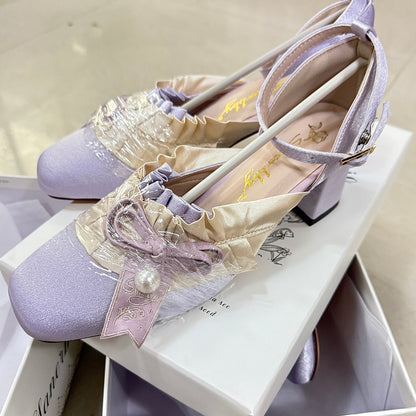 for Ruffle Mid Elegant Lolita - Toe Purple Square Trim Heels