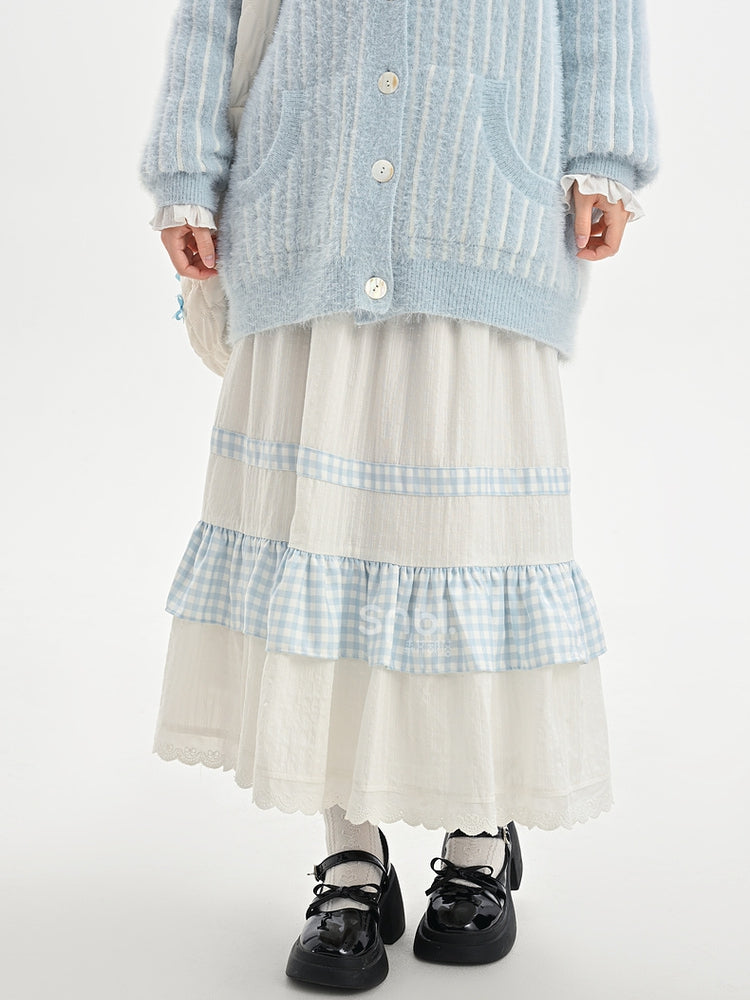 ホワイトハイウエストレーストリムスウィートスカートチェック柄パッチワーク