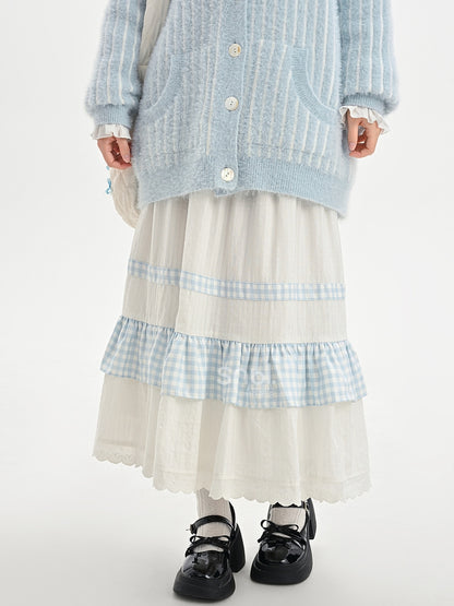 ホワイトハイウエストレーストリムスウィートスカートチェック柄パッチワーク