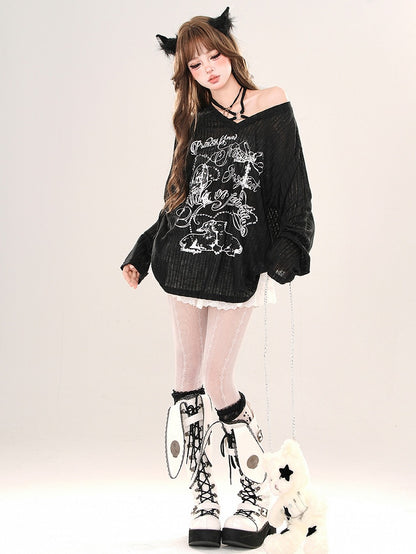 Locker sitzendes Neckholder-Stricktop mit Animalprint in Weiß/Schwarz