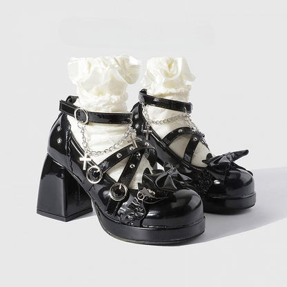 Janes Heel Block Black Chain Cross - Lolita Platform Gothic High Charm Mary