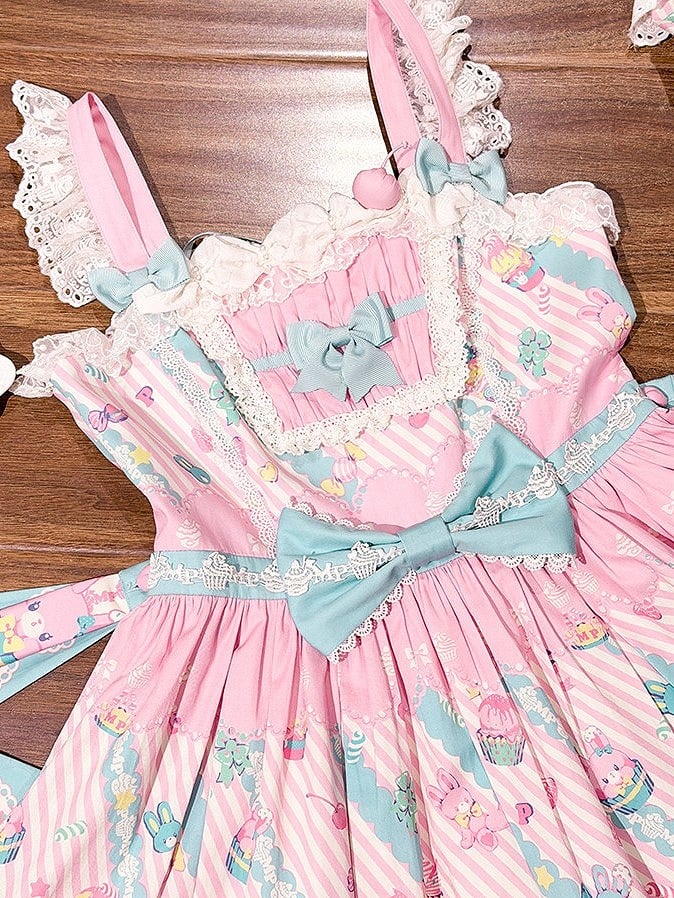 Blue Prints with and Sleeves JSK Trim Dress Flutter Pink Lolita Lace Sweet Cupcake