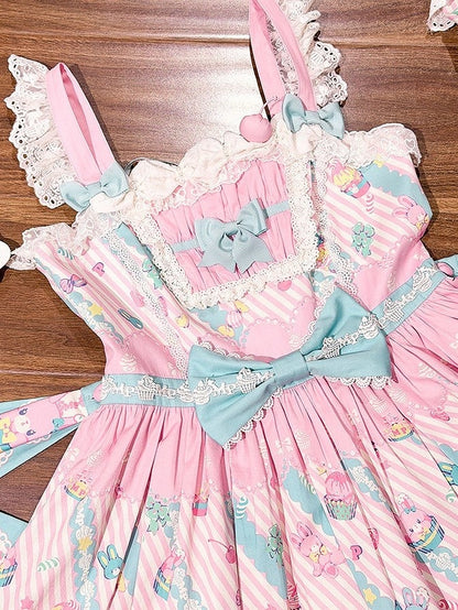 Blue Prints with and Sleeves JSK Trim Dress Flutter Pink Lolita Lace Sweet Cupcake