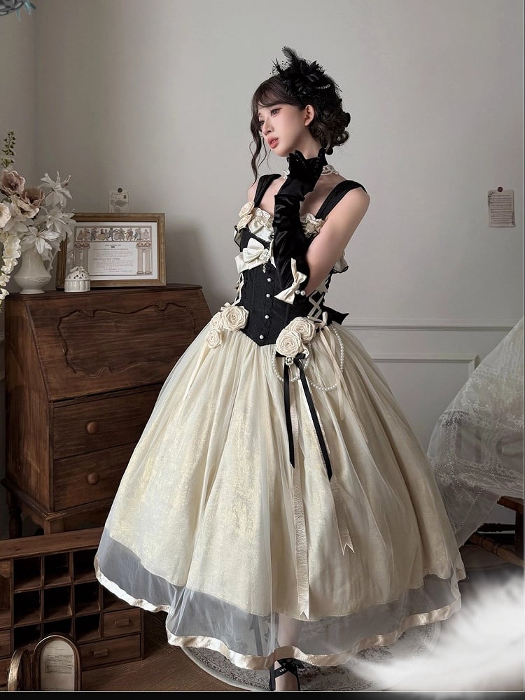 JSK Corset Nœud Abricot avec Ornements Roses en Perles - Qian Mu