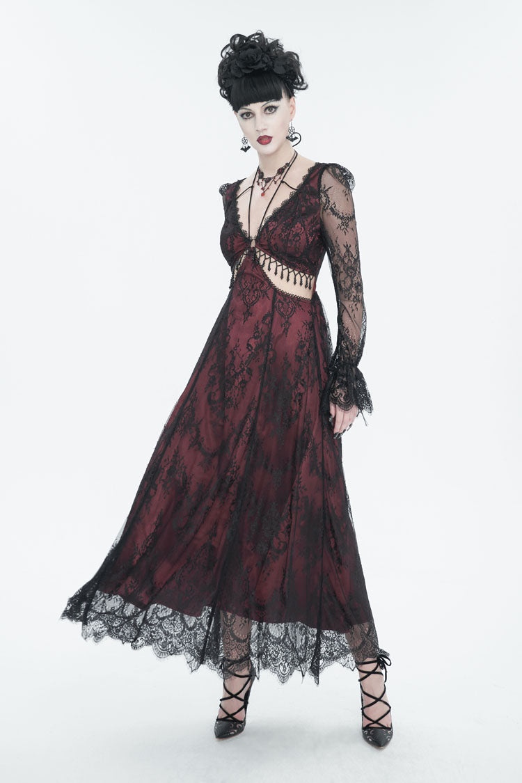 Red Lace Applique Adjustable Waist Cutout Women's Gothic Dress