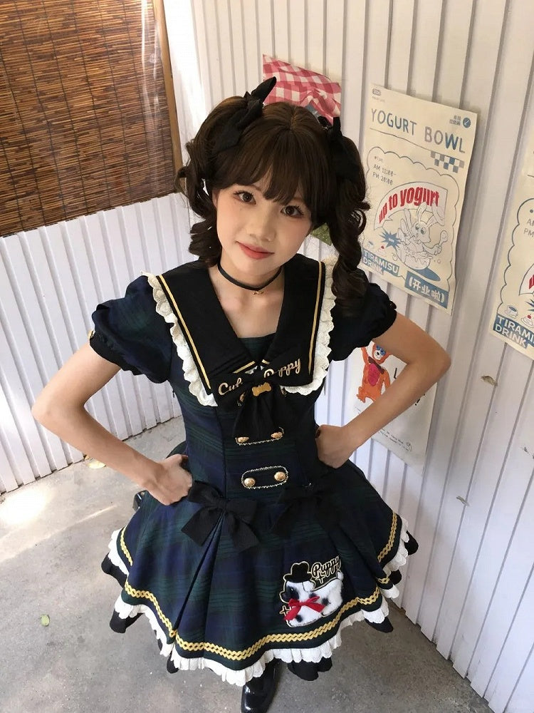 with Lace Plaid Trim Sweet Lolita Green and Black Dress Puppy Patch