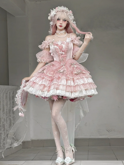 テーマピンクチューリップロリータドレスバレエコア姫レイヤードスカート