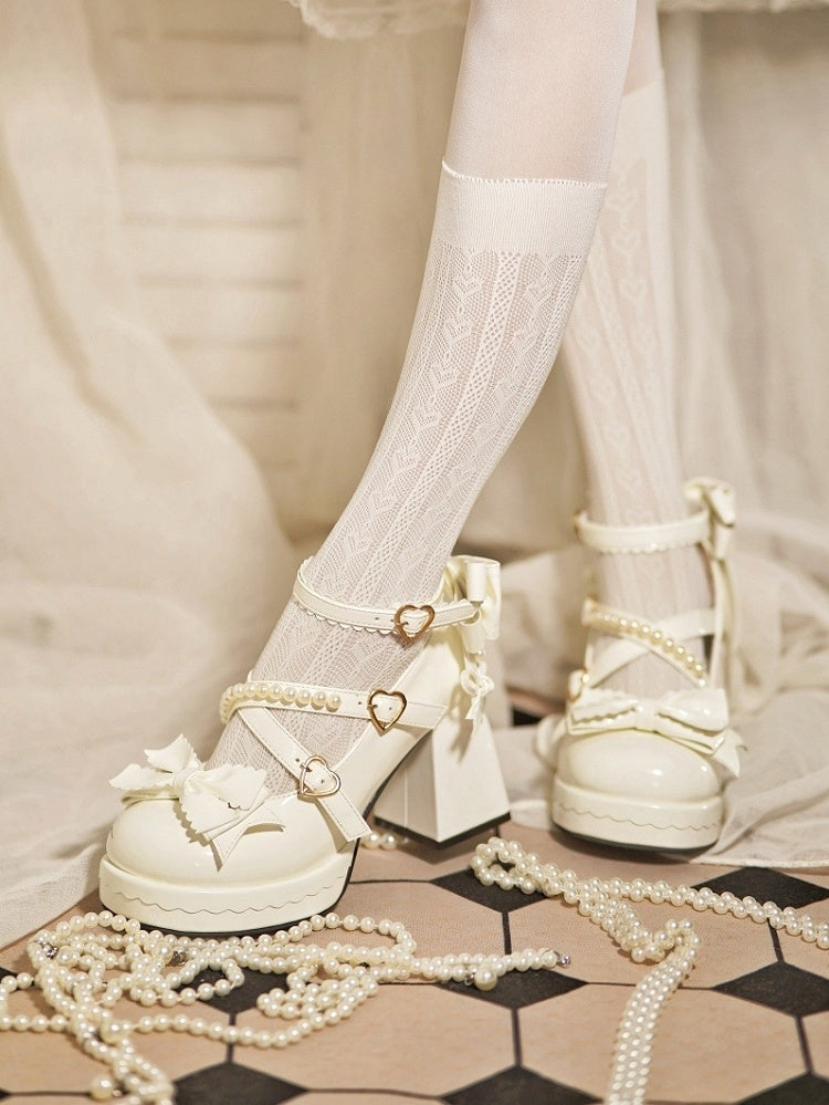 Plateau Mary Block mit überkreuzten Riemen - Janes Heel Schnalle High Sweet Lolita Weißes Herz Perlen