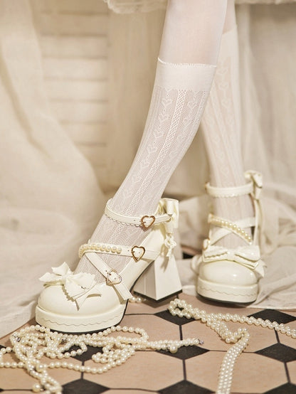 Plateau Mary Block mit überkreuzten Riemen - Janes Heel Schnalle High Sweet Lolita Weißes Herz Perlen
