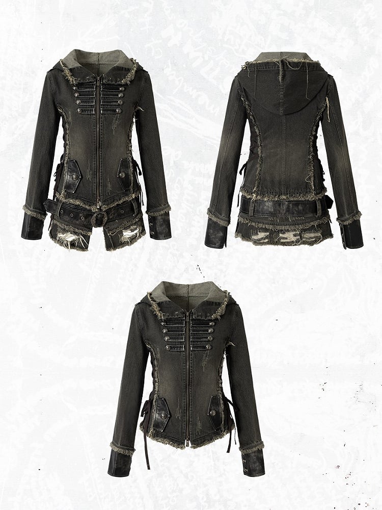 Hooded Detachable Gray Dark Hem Finish with Denim Distressed Jacket Corduroy