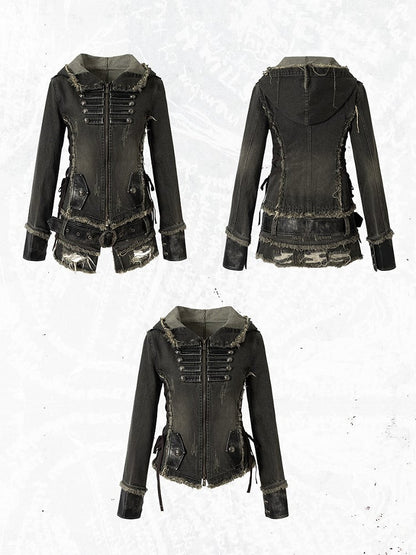 Hooded Detachable Gray Dark Hem Finish with Denim Distressed Jacket Corduroy