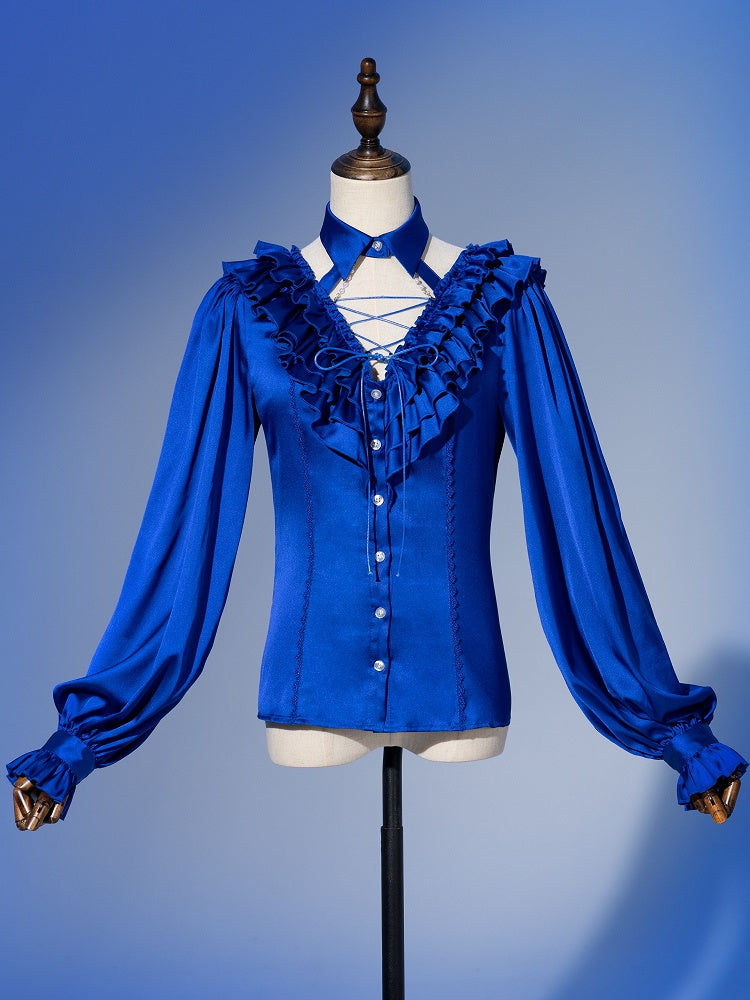 Deep Sea Blue Layered Ruffles V-neck Long Sleeves Shirt with Detachable Bead Chain Cutout Back - DevilInspired Exclusive Collection