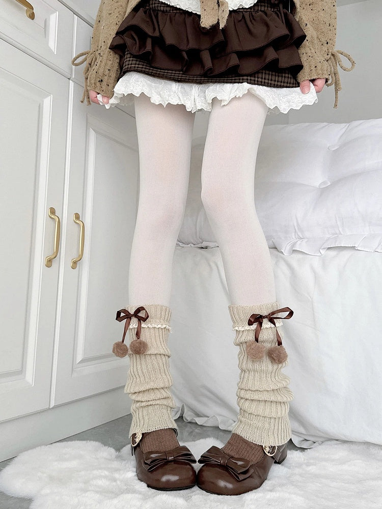 Lace Accents Khaki with Ribbed Bow-Pom Warmers Style) Trim (Sweet Elegant Brown Leg