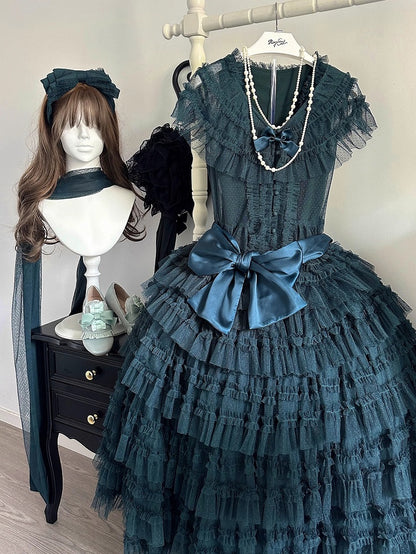Cotton Tulle Skirt Waist Classic - Vest Green Dotted Elegant Lolita Multi-layered Set Dark Belt + Mesh