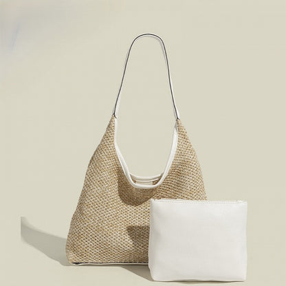 PU Strap with Shoulder Brown/White Straw Bags Woven Bag Nested