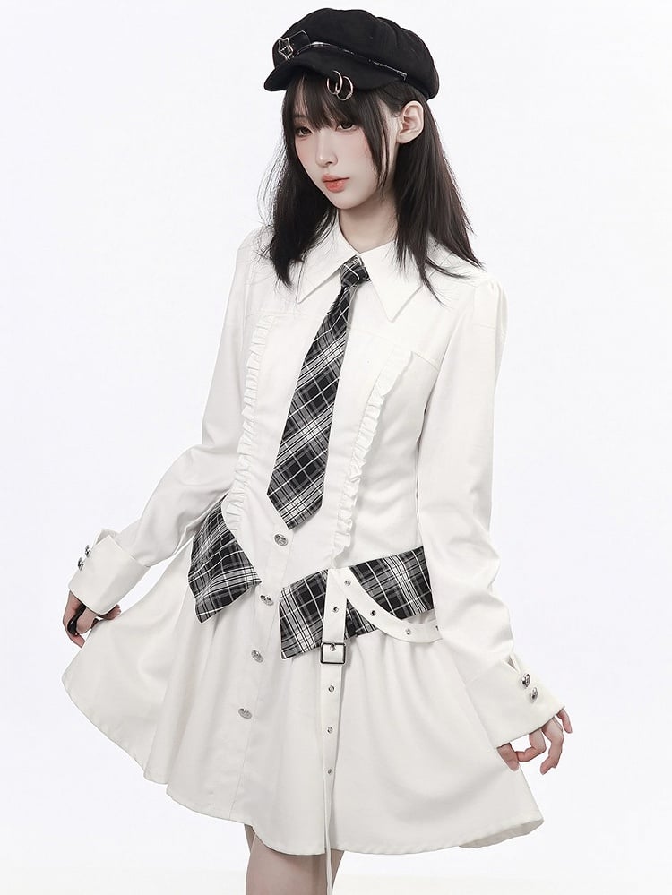 Ruffle Accent White Long Sleeve Preppy Dress with Plaid Tie & Shirt Collar - PINK SAVIOR