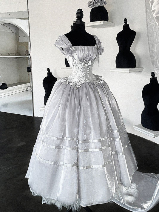 Shimmering Silver White Vintage Boned Corset Waist Prom Dress