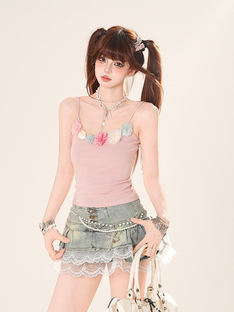 ピンクの花柄ネックラインスリムフィットキャミソールトップス