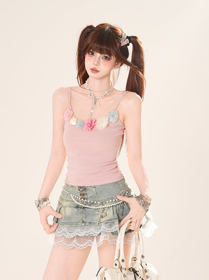 ピンクの花柄ネックラインスリムフィットキャミソールトップス