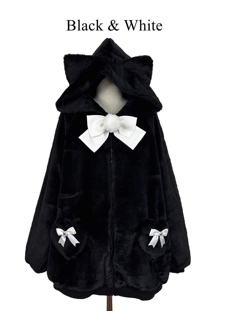 12 Kitty-Ear Jacket Bows Detachable Hooded with Pompom Jirai Available Colors Plush Kei