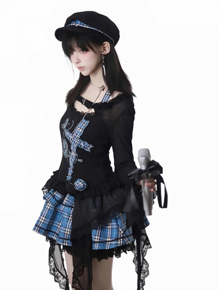 ブルーハートのブラックチェック柄とティアードスカートのバックル、レーストリムのアイドル