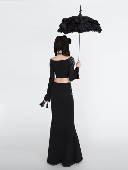 Gothic Black Spiderweb Bell Sleeves Cropped Top