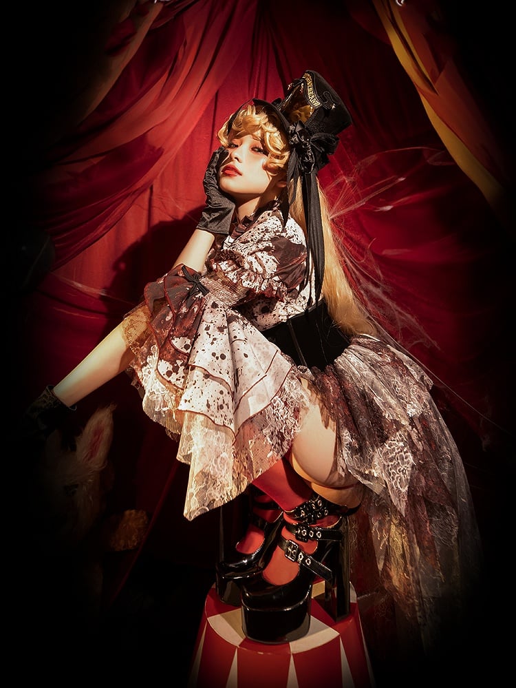 Print Black Red Bloodstain Gothic Lace Lolita Corset Boned with Train Belt