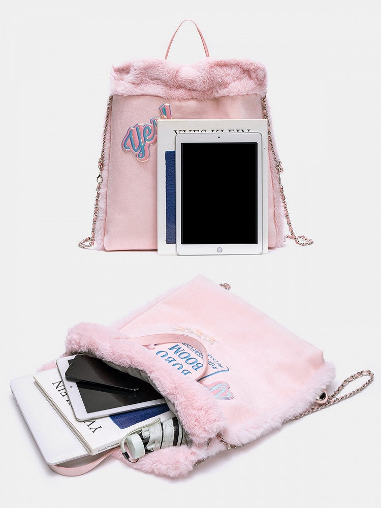 Fluffy Letter-Embellished Pink Backpack with Chain Straps and Holographic Star Accents