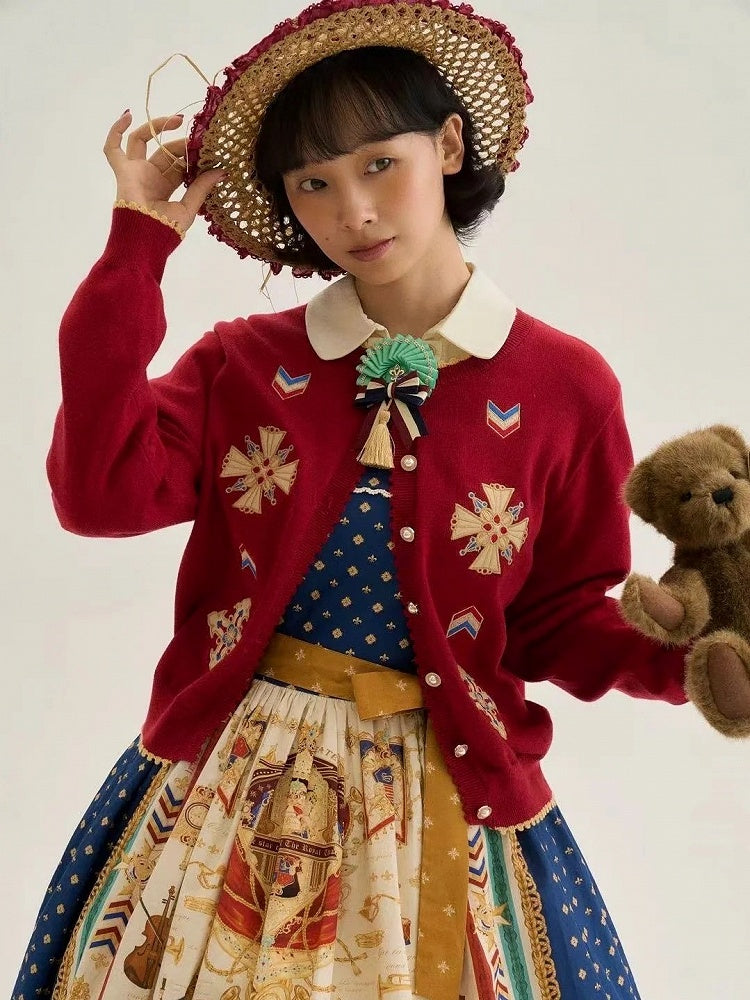 Red Embroidered Pattern Elegant Lolita Knit Cardigan - Crucis Universal Tailor Company