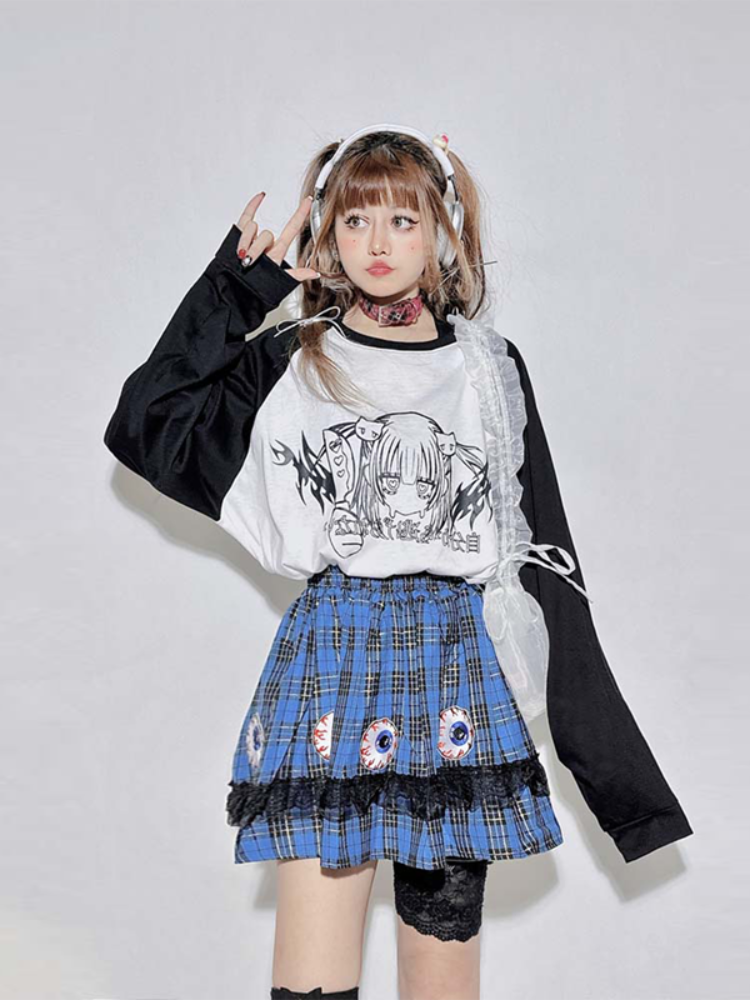 Schwarz-weißes Rundhals-Cartoon-Top