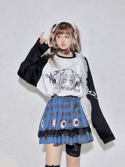 Schwarz-weißes Rundhals-Cartoon-Top