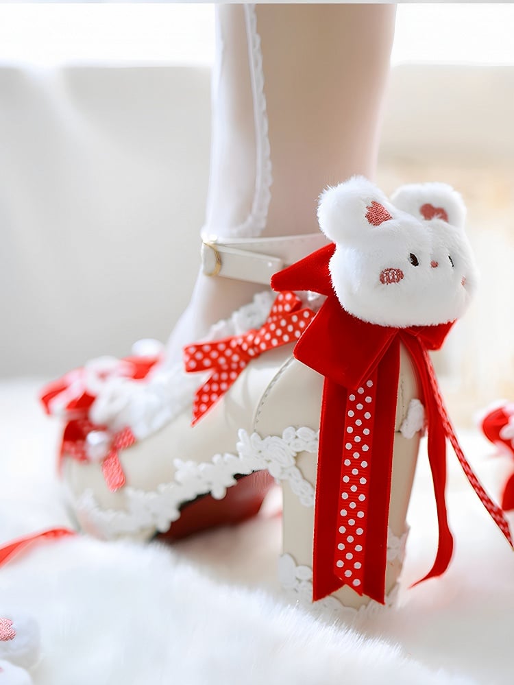 Heels Plush Shoes Sweet Lolita Bow 8CM Bunny Block Top Decorated Red at