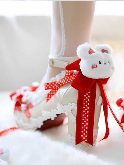Heels Plush Shoes Sweet Lolita Bow 8CM Bunny Block Top Decorated Red at
