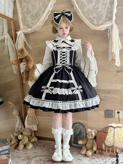 Doll-like Black Old School Lolita JSK with Front Criss-Cross Detailing & White Lace