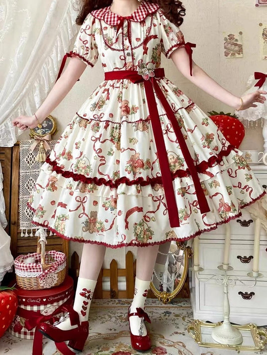 Kleid mit kurzen Ärmeln, Erdbeer-Creme-Lolita-Teddy-Print und Weiß