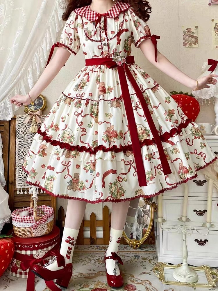 Cremefarbenes Lolita-Kleid, kurz, weiß, Teddy und bedruckt, Erdbeerärmel