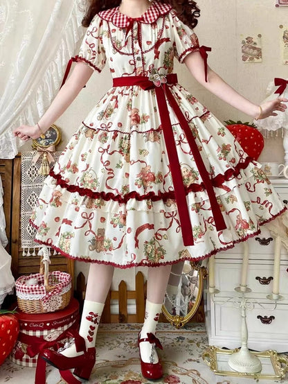 Cremefarbenes Lolita-Kleid, kurz, weiß, Teddy und bedruckt, Erdbeerärmel