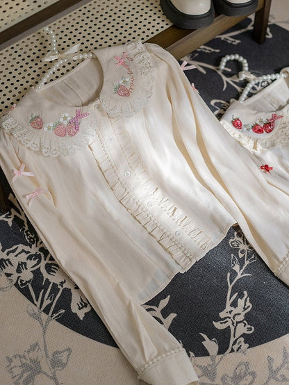 White Strawberry Ruffled Blouse Pink Embroidery Lolita Long-Sleeve with