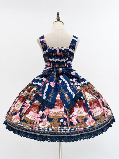 Lolita and Print Dress Details Sweet Bow Lace JSK Cake Blue Bear with Trim Dark
