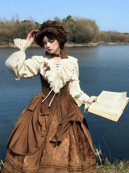 with Blouse Sleeves Long Ruffled Yellow Lace-Up Light Front