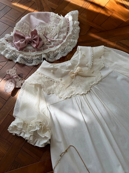 Sweet Lolita Blouse with Embroidered Collar and Puff Sleeves - Treasure House
