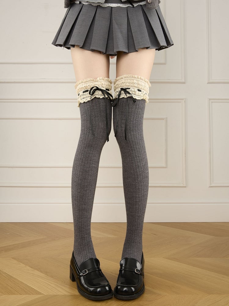 55CM Stockings Ties 5 Bow Colors Style Lace-Trimmed Maillard with
