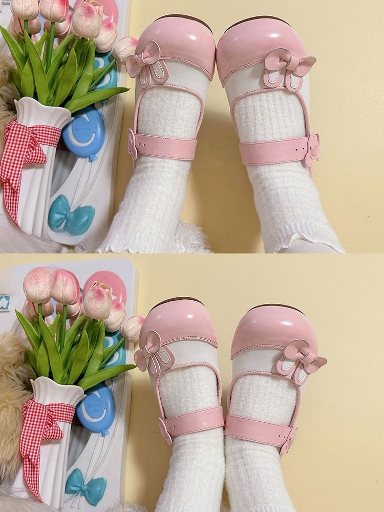 Pink Bear Flats Buckle Bowknot Decorated Ear Bunny
